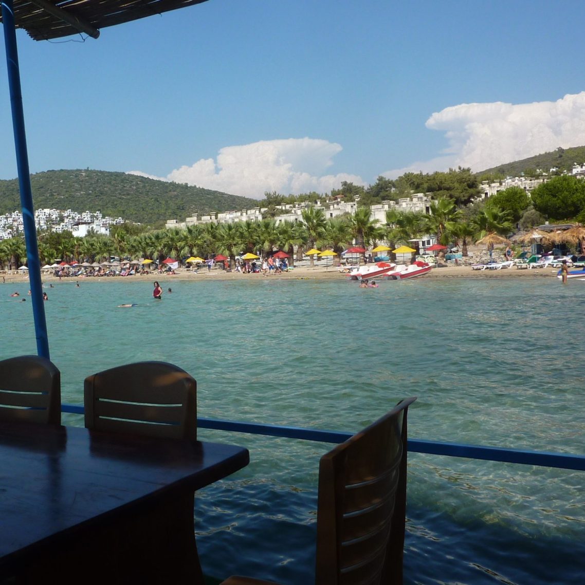 Zeytinlikuyu sahilinde deniz kenarındaki bir restorandan panoramik bakış. Berrak denizin hemen bitimindeki kumsalda renkli güneş şemsiyeleri